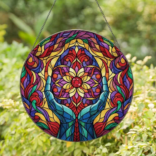 Hands Cradling Luminous Egg Floral Orb Crimson Jewel Swirling Tapestry - Home Decor Gift Stained Glass Suncatcher