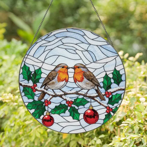 Kissing European Robins Holly Berries - Christmas Gift for Bird Lover Stained Glass Suncatcher