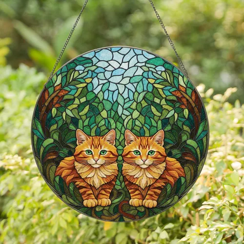 Orange Tabby Kittens Foliage - Home Decor Gift for Cat Lover Everyday Home Display Stained Glass Suncatcher