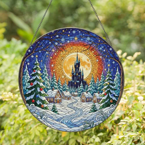 Stained Glass Twilight Winter Village Castle Full Moon - Christmas Home Decor Gift Stained Glass Suncatcher
