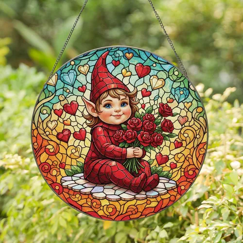 Elf Child Rose Bouquet Stained Glass Mosaic Home Decor Gift Stained Glass Suncatcher