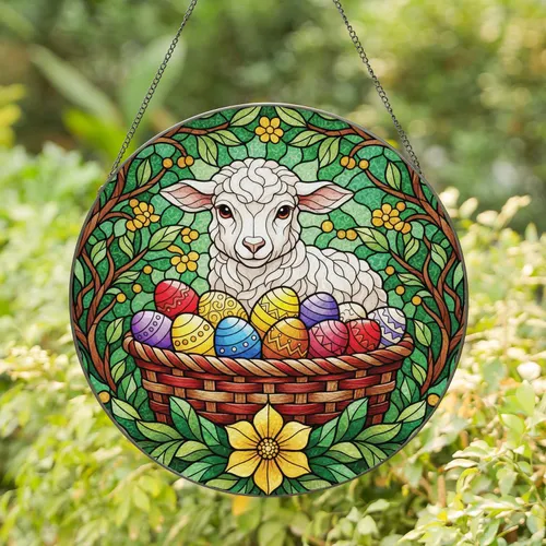 White Lamb Easter Eggs Basket Floral - Easter Holiday Decor Gift Stained Glass Suncatcher