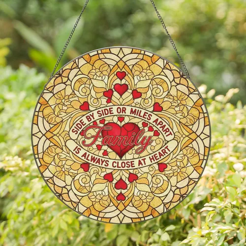 Inspirational Family Always Close At Heart Quote Red Hearts - Home Decor Gift for Family Stained Glass Suncatcher