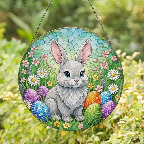 Fluffy Easter Bunny Spring Flowers Eggs - Easter Home Decor Gift Stained Glass Suncatcher