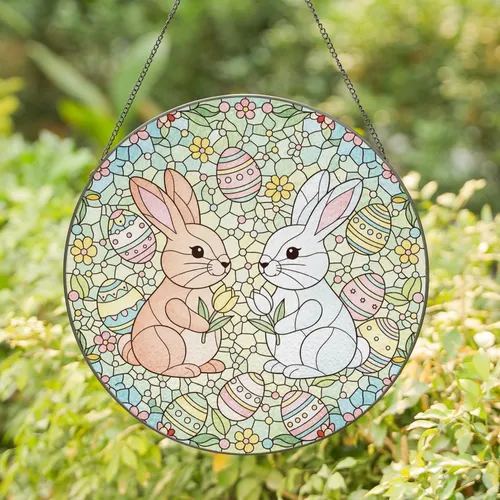 Bunnies Tulip Easter Eggs Springtime Flowers Green Leaves - Easter Home Decor Gift Stained Glass Suncatcher
