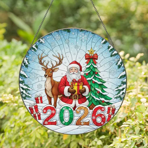 Santa Claus Reindeer Christmas Tree Gift Box Snowflakes Snowdrift 2026 Holiday Home Decor Gift Stained Glass Suncatcher