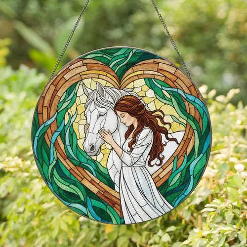 Young Girl Horse Heart Embrace - Home Decor Gift for Horse Lover Stained Glass Suncatcher