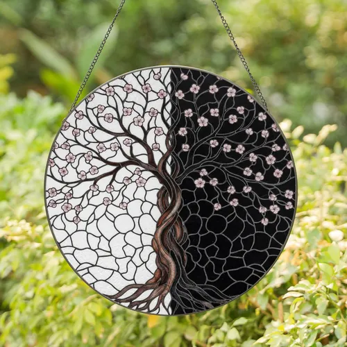 Tree of Life Gnarled Roots Pink Blossoms White Black Halves - Home Decor Gift Stained Glass Suncatcher