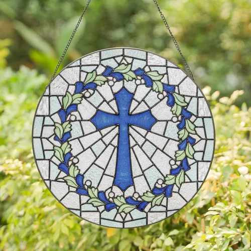 Luminous Sapphire Blue Latin Cross Leafy Vines Wreath - Mosaic Christian Home Decor Gift Stained Glass Suncatcher