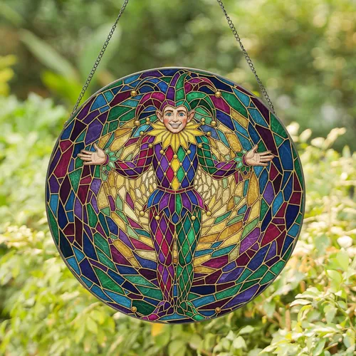 Lively Harlequin Jester Figure Smiling Face Ornate Costume - Home Decor Gift Stained Glass Suncatcher
