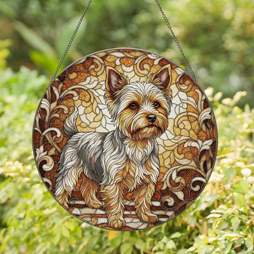 Yorkshire Terrier Fluffy Coat Floral Mosaic - Home Decor Gift for Dog Lover Stained Glass Suncatcher