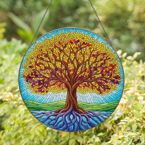 Tree of Life Landscape Mosaic - Home Decor Gift for Nature Lover Stained Glass Suncatcher