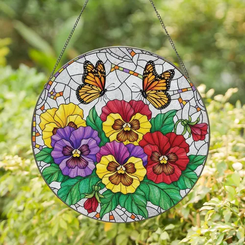 Monarch Butterflies Pansy Flowers Mosaic - Home Decor Gift for Garden Lover Stained Glass Suncatcher