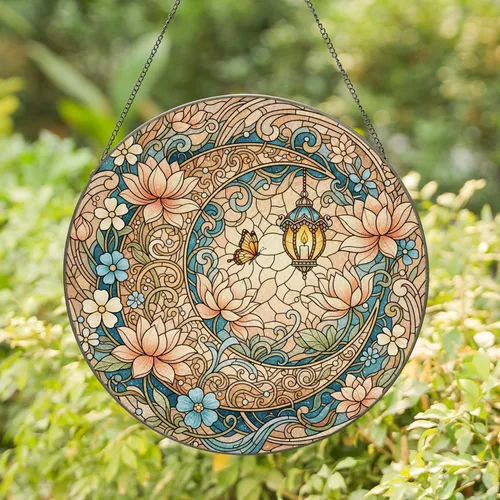 Crescent Moon Lotus Blue White Flowers Butterfly Decorative Lantern - Home Decor Gift Stained Glass Suncatcher