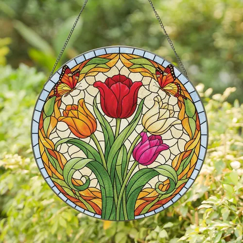 Tulips Butterflies Stained Glass Mosaic - Home Decor Gift for Garden Lover Stained Glass Suncatcher