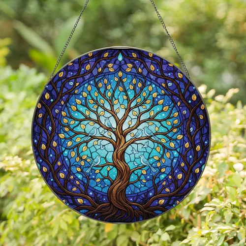 Tree of Life Birds Celestial Forest Canopy - Home Decor Gift for Nature Lover Stained Glass Suncatcher