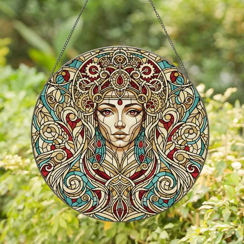 Female Face Headpiece Circular Gears Teardrops Shoulders - Home Decor Gift for Art Lover Stained Glass Suncatcher