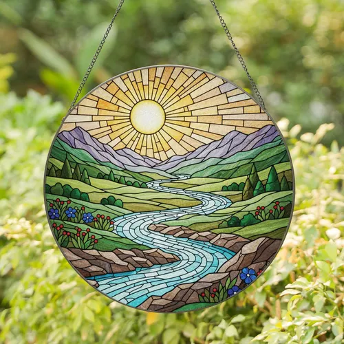 Sunlit Landscape Mountain River Floral - Home Decor Gift for Nature Lover Stained Glass Suncatcher
