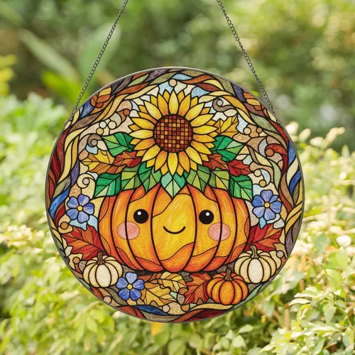 Chibi Pumpkin Sunflower Autumn Gourds - Halloween Party Decor Gift Stained Glass Suncatcher