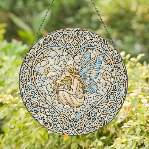 Fairy Blue Wing Butterflies Clouds Heart Mosaic Scrollwork - Home Decor Wall Gift Stained Glass Suncatcher