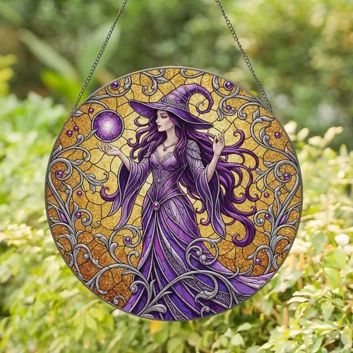 Witch Elegant Hat Purple Gown Glowing Orb Filigree Scrollwork Mosaic - Home Decor Gift Stained Glass Suncatcher