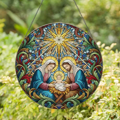 Mary Joseph Baby Jesus Manger Star - Christmas Home Decor Gift Stained Glass Suncatcher
