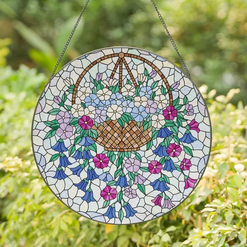 Multi-Petaled Flowers Hanging Basket Cascading Bell Blossoms Mosaic - Home Decor Gift Stained Glass Suncatcher