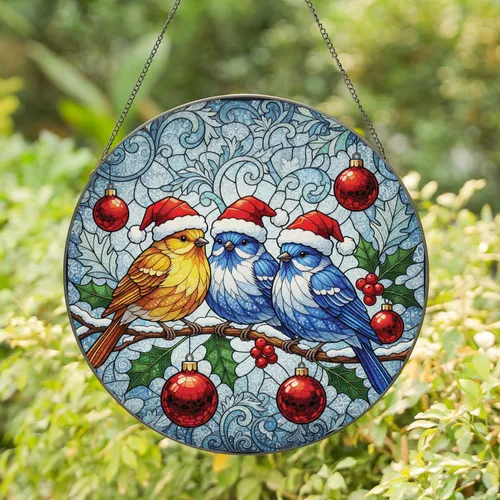 Three Festive Birds Santa Hats Holly Berries Frosted Leaves - Christmas Home Decor Gift Stained Glass Suncatcher