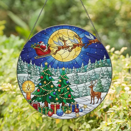 Santa Claus Sleigh Reindeer Moon Winter Landscape - Christmas Holiday Home Decor Gift Stained Glass Suncatcher