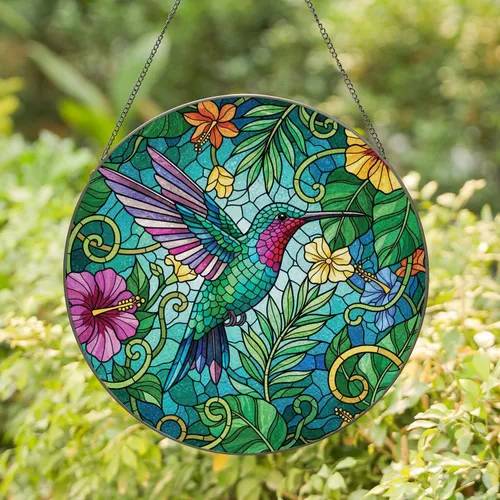 Vibrant Hummingbird Tropical Floral - Home Decor Gift for Bird Lover Garden Enthusiast Stained Glass Suncatcher