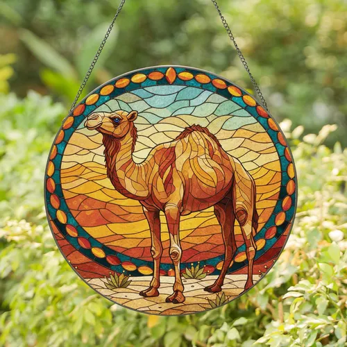 Dromedary Camel Blue Eyes Rolling Desert Dunes - Home Decor Gift for Desert Lover Stained Glass Suncatcher