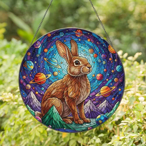 Majestic Brown Rabbit Planets Crystal Mountain Cosmic Nebula - Celestial Home Decor Gift Stained Glass Suncatcher