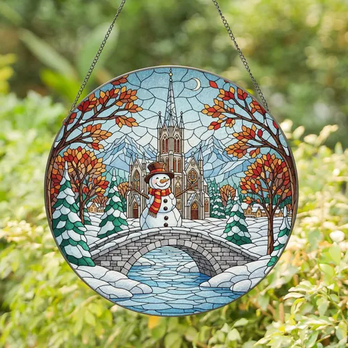 Cheerful Snowman Gothic Church Stone Bridge Evergreen Deciduous Trees - Christmas Home Decor Gift Stained Glass Suncatcher