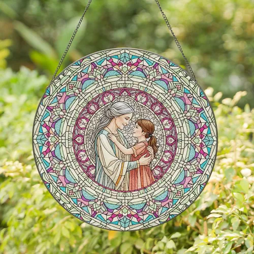 Grey Haired Woman Young Girl Embrace - Home Decor Gift for Mother Daughter Stained Glass Suncatcher