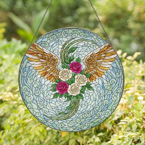 Fanning Angel Wings Rose Cluster Foliage Mosaic Swirls Floral - Housewarming Home Decor Gift Stained Glass Suncatcher
