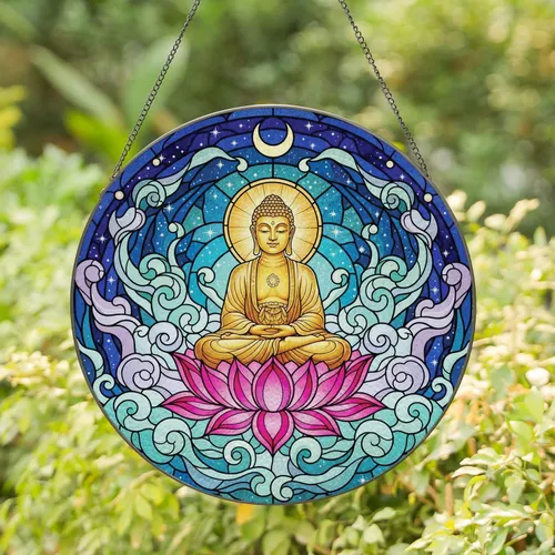 Meditative Golden Buddha Lotus Starry Sky Filigree - Spiritual Home Decor Gift Stained Glass Suncatcher
