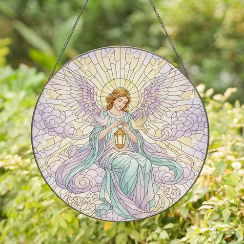 Seated Angel Doves Golden Lantern Swirling Clouds - Ethereal Home Decor Gift for Angel Lover Stained Glass Suncatcher
