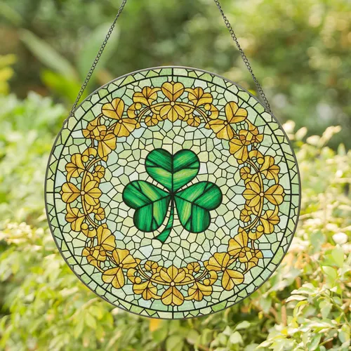 Three-Leaf Clover & Vine Wreath Mosaic - Home Decor Gift for Gardeners & Plant Lovers Stained Glass Suncatcher