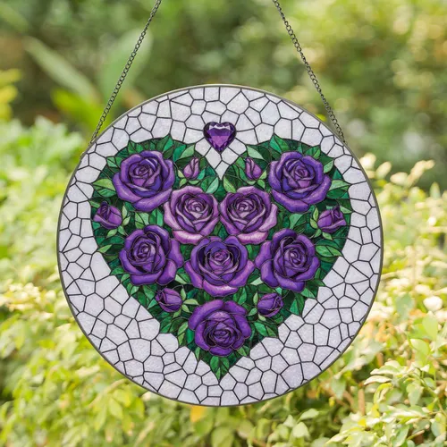Blooming Purple Rose Heart Bouquet Leaves Amethyst Accent - Home Decor Gift Stained Glass Suncatcher
