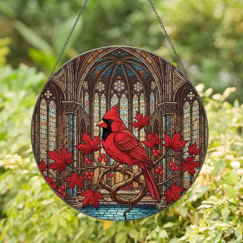 Red Cardinal Gothic Cathedral Windows - Home Decor Gift for Bird Lover Stained Glass Suncatcher
