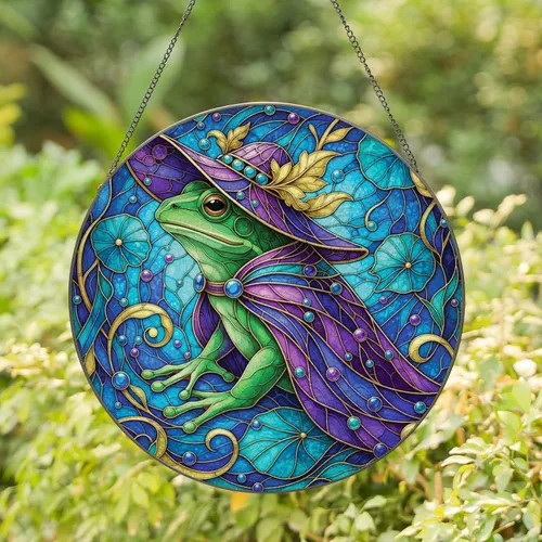Green Tree Frog Elaborate Hat Jewels Cape - Wildlife Lover Home Decor Gift Stained Glass Suncatcher