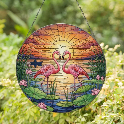 Pink Flamingos Lotus Pond Lily Pads Sunset - Home Decor Gift for Wildlife Lover Stained Glass Suncatcher