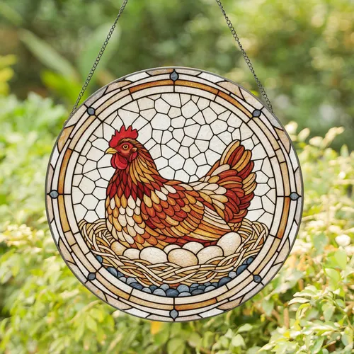 Broody Hen Nest Eggs - Farmhouse Home Decor Gift for Chicken Lover Stained Glass Suncatcher