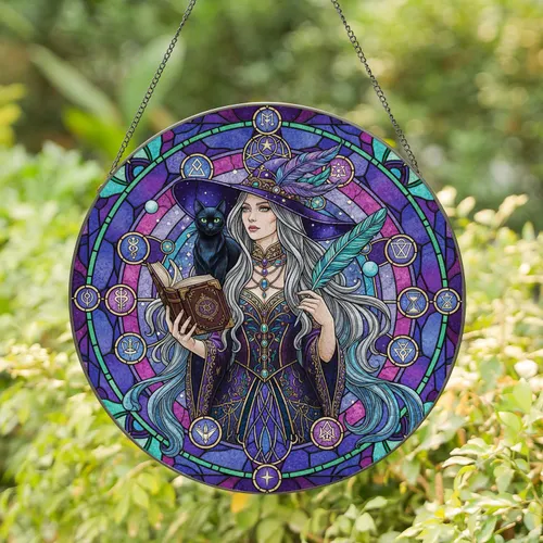 Graceful Witch Black Cat Spellbook - Mystical Home Decor Gift for Fantasy Lover Stained Glass Suncatcher
