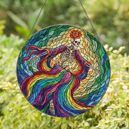 Skeleton Skull Rose Swirling Robe Organic Glass Panels - Window Home Decor Gift Stained Glass Suncatcher