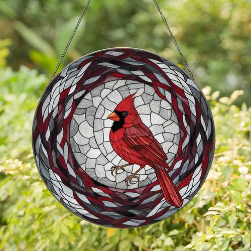 Northern Cardinal Perched Crescent Moon - Home Decor Gift for Bird Watchers Stained Glass Suncatcher