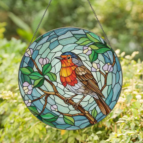 Robin Branch Leafy Floral Sky Foliage - Home Decor Gift for Wildlife Lover Bird Watcher Stained Glass Suncatcher