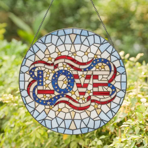 American Flag LOVE Letters Star - Independence Day Home Decor Gift for Veterans Stained Glass Suncatcher