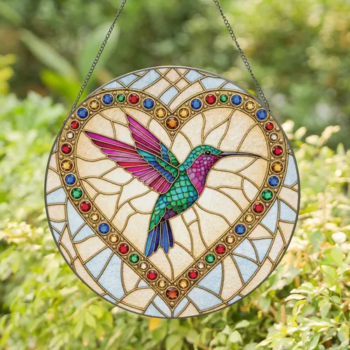 Hummingbird Heart Gemstone Window Decor Gift for Bird Lover Stained Glass Suncatcher