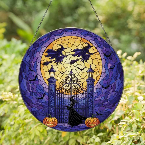 Silhouetted Witches Full Moon Gate Jack-o'-Lanterns - Halloween Party Home Decor Gift Stained Glass Suncatcher